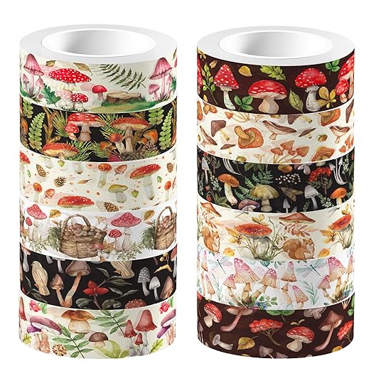 Adirasenotek 12 Rolls Mushroom Washi Tape Set,Vintage Washi Tape Decorative Paper Stickers Decorative Tape,DIY Art Crafts Wrapping Decor for Gifts Wrapping