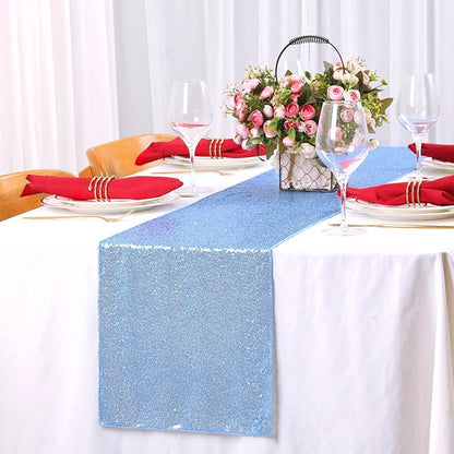 Glitter Sequin Table Runners 10 Pieces 12x108 Inchs Baby Blue Elegant Wedding Sparkly Table Runner Birthday Bachelorette Celebration Decorations Supplies