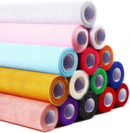 ICOSHOW Sparkling Tulle Rolls, 15” by 30 Yards (90FT) Glitter Tulle Spool Ribbon Fabric for Wedding Birthday Bridal Shower Tutu Skirt Party Gift Wrapping (Pink)
