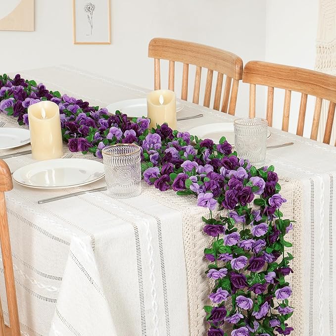 KHOYIME 5 Pack 40 FT Artificial Flower Garland, Fake Purple Roses Vines Silk Flowers Faux Plastic Outdoor Hanging Floral Ivy Garland Decoration for Wedding Arch Bedroom Home Wall Backdrop Room Decor