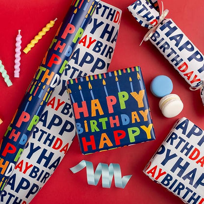 Birthday Wrapping Paper Roll - 30 Inch X 33 Feet - Reversible Metallic Foil Navy Blue Party Hat Theme Boy Gift Wrap Paper Blue Polka Dot Men Present Sheet for Kid Birthday, Party, Holiday, Celebration