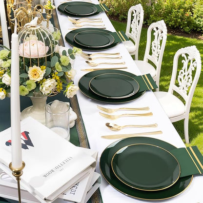 NOCCUR 350PCS Green Plastic Plates - Disposable Green Gold Dinnerware Set for 50 Guests, 100 Dinner/Dessert Plates, 150 Gold Silverware, 50 Cups&50 Napkins for Party/Wedding/Birthday/Christmas
