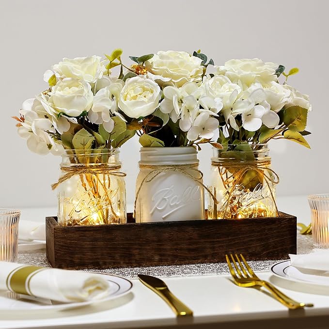Mason Jar Lights Centerpiece for Table, Mason Jar Centerpiece Table Decor for Dining Room Farmhouse Coffee Table Decor with Wood Tray Fairy Lights Fake Peony Flowers for Kitchen Living - Ivory
