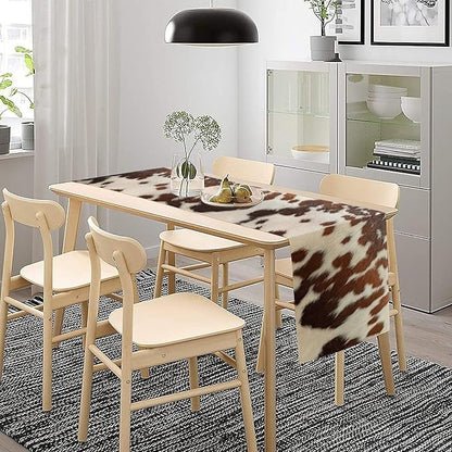 Farmhouse Cow Skin Print Table Runner, Safari Wildlife Brown Country Farm Cowhide Pattern Cotton Linen Rustic Cottage Table Runner for Dinning Home Party Holidays Home Setting, 13x36 Inch