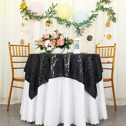 ShinyBeauty Sequin Tablecloth Square Black 54''x54'' - Glitter Table Overlay for Dinning, Party, Event Decoration - Birthday Table Cloth