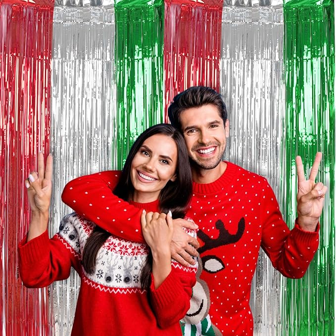 BRAVESHINE 2 Pack Fringe Backdrop Red Silver Green Christmas Party Decorations 3.2 x 6.6 ft Tinsel Foil Curtain Party Streamer Metallic Photo Backdrop for Christmas, New Year Decor