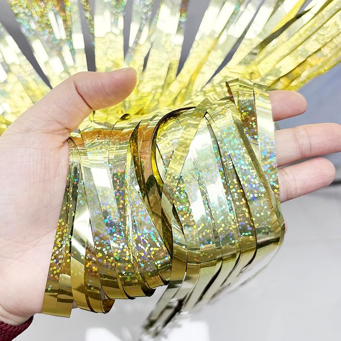 BRAVESHINE Gold Tinsel Streamers Party Backdrop - 2 Pack 3.2x8.2ft Metallic Foil Fringe Curtain for Christmas/New Years/Prom/Birthdays/Engagement/Anniversary/Hawaiian/Luau Party Decorations