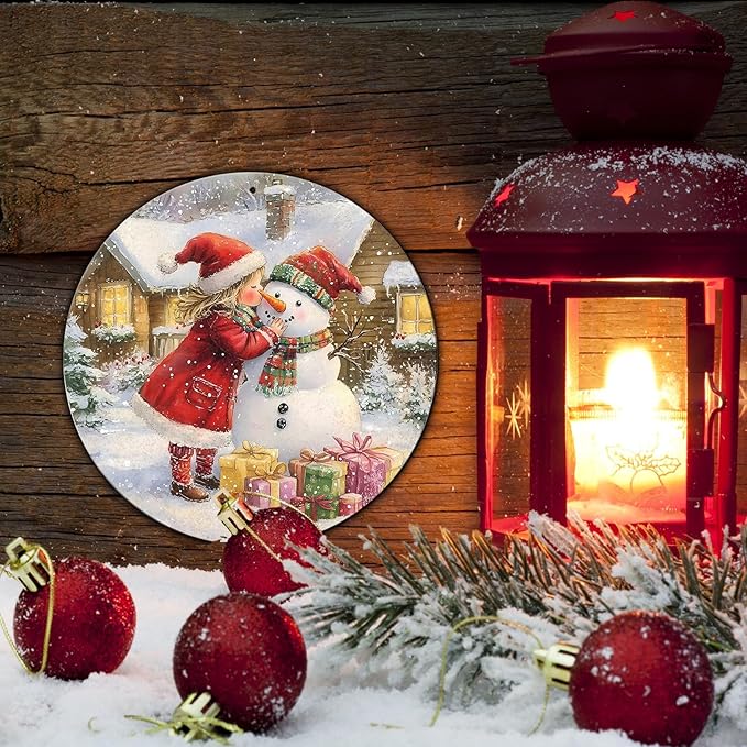 Round Wall Decor Metal Sign - Girl & Snowman Rustic Wall Plaque - Christmas Wreath Sign - 8*8 in