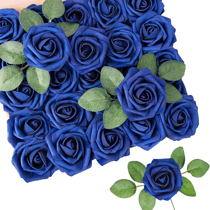 N&T NIETING Artificial Flowers Roses 25Pcs Fake Flowers Foam Roses with Stems for Halloween DIY Wedding Bridesmaid Bridal Bouquets Centerpieces Party Home Decoration Baby Shower, Navy Blue