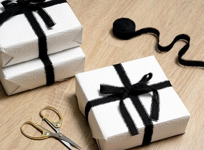Black Ribbon 5/8" x 21 Yards with Frayed Fringe Fabric Cotton Ribbons for Gift Wrapping Wedding Invitations Flower Bouquet Baby Shower
