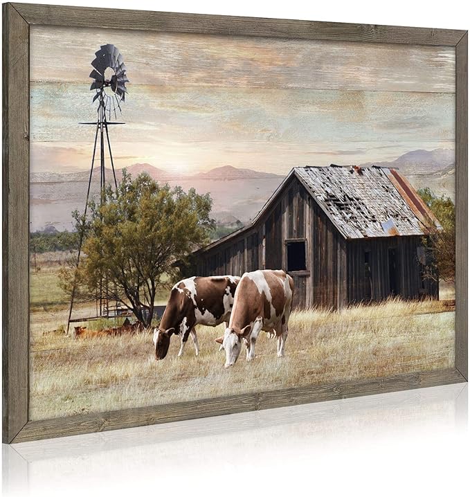 Nature Scene Wooden Framed Art：Horses&Vintage House under the Mountain Painting Print with Framed for Bathroom (12'' x 16'' x 1 Panel)
