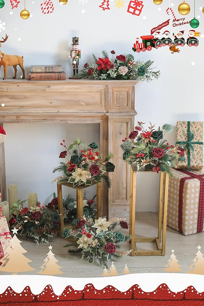 Serra Flora Artificial Christmas Flowers Greenery Combo Box Set Faux Flowers Bulk Flower Leaf with Stems for DIY Tree Ornaments Xmas Wreath Floral Arrangements Centerpieces