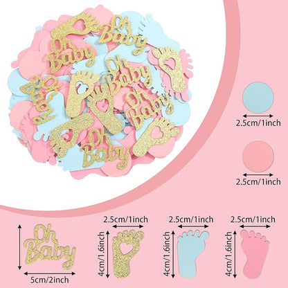MARFOREVER 350 Pieces Gender Reveal Confetti Baby Shower Decoration Pink Blue Gold Round Glitter Confetti Oh Baby Footprints Table Paper Confetti for Gender Reveal Party Table Wedding Decor