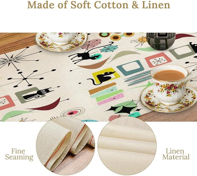 Colorful Geometric Table Runner,Vintage Mid Century Cute Cat Abstract Morden Print Tablecloth Burlap for Hotel Indoors Outdoor Dining Room Kitchen Home Decor, 13x80in