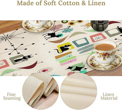 Colorful Geometric Table Runner,Vintage Mid Century Cute Cat Abstract Morden Print Tablecloth Burlap for Hotel Indoors Outdoor Dining Room Kitchen Home Decor, 13x80in