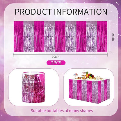 BEISHIDA 2 Pack Hot Pink Pink Table Skirts Party Decorations Purple Metallic Tinsel Foil Fringe Rectangle Round Table Skirts for Girls Birthday Holiday Valentines Party Supplies