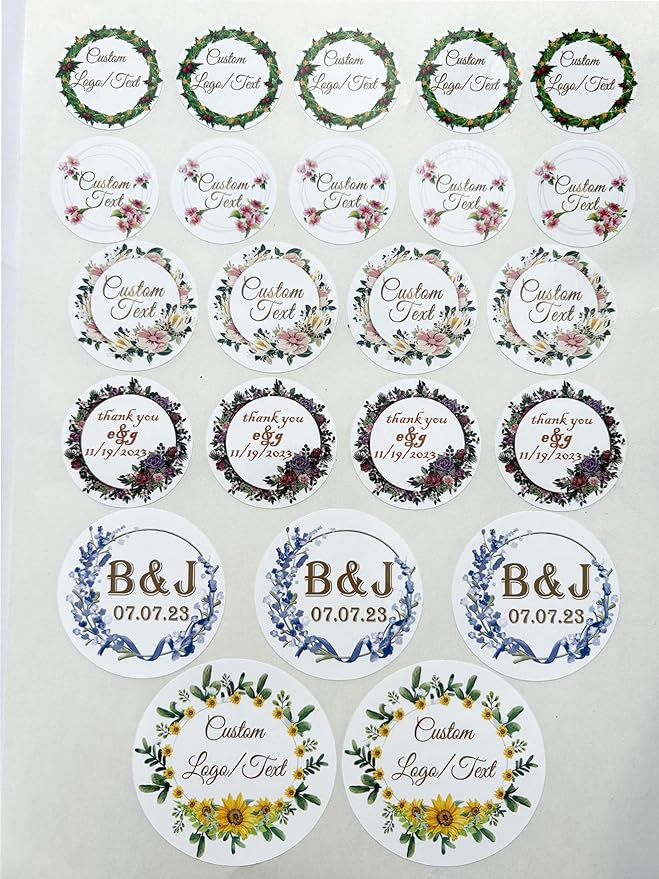Custom Stickers for Weddings, Birthdays & Businesses - Personalized Labels with Your Logo - Waterproof, Fade and Heat Resistant - Pack of 100-1000 (Wreath C, 4 Inch)