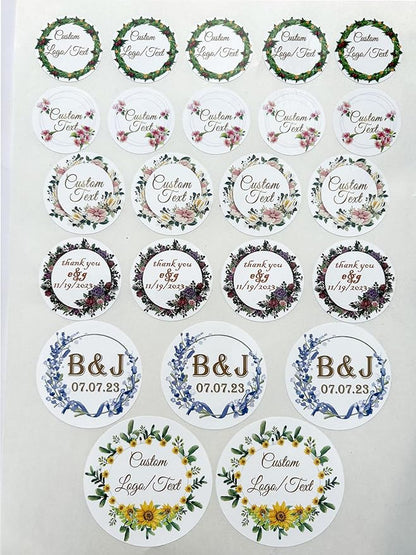 Custom Stickers for Weddings, Birthdays & Businesses - Personalized Labels with Your Logo - Waterproof, Fade and Heat Resistant - Pack of 100-1000 (Wreath R, 4 Inch)
