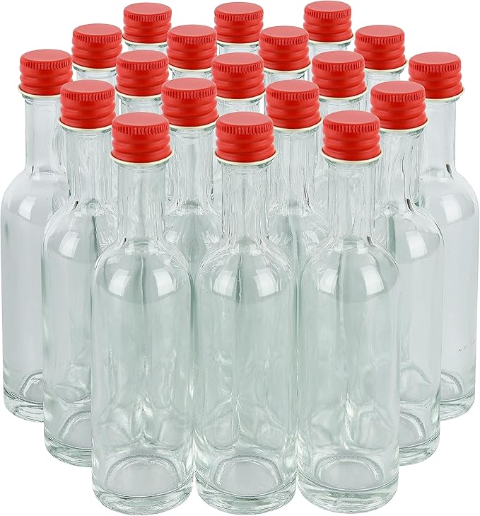 50 ml Mini Glass Bottles With Aluminum Lids and Heat Shrinks, 24 Pack (Red Caps) for Liquor Sauce Beverage Sample Party Favor Ginger Wellness Shots