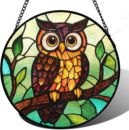 Stained Glass Window Hanging - Owl on a Branch Suncatcher for Doors Window Home Orange Brown Sun Catchers Decor Christmas Mother's Day Birthday Gifts for Teacher Women Men Mom Nana 6.3 in