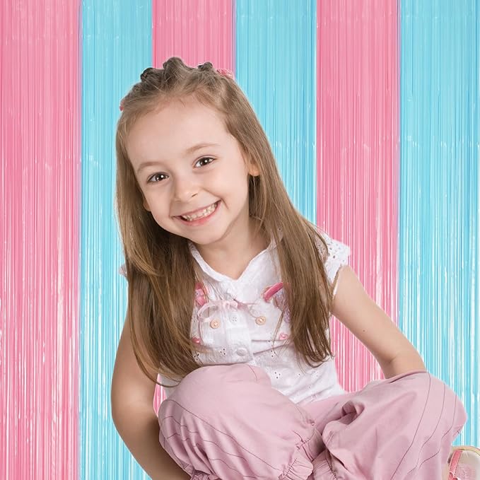 2 Pack Pastel Blue and Pink Foil Fringe Backdrop Curtains, Tinsel Streamers Party Decorations, Fringe Backdrop for Gender Reavel, Baby Shower Party
