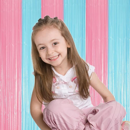 2 Pack Pastel Blue and Pink Foil Fringe Backdrop Curtains, Tinsel Streamers Party Decorations, Fringe Backdrop for Gender Reavel, Baby Shower Party