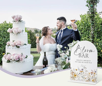 Wedding Signs for Ceremony and Reception, Boho Floral Acrylic Bloom Bar Sign, Wedding Signage with Stand, Bridal Shower Table Centerpieces, Bloom Bar Supplies for Engagement Reception Event Party, 20