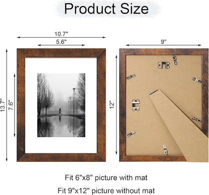 9x12 Picture Frame Set of 4 with Tempered Glass, Wooden Rustic Frame Display 6x8 Pictures with Mat or 9 x 12 Without Mat, Photo Frame for Wall Mount and Tabletop Display