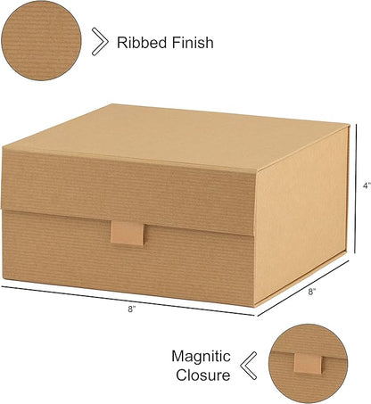 Purple Q Crafts 1 Pack Brown Kraft Ribbed Hard Gift Box With Magnetic Closure Lid 8"x8"x4" Square Favor Boxes With Classy Ribbed Paper Finish…