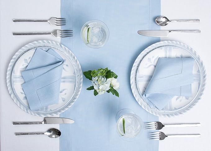 Solino Home Linen Sky Blue Table Runner 36 Inches - Classic Hemstitch, 100% Pure Linen Coffee Table Runner 14 x 36 Inch Ideal for Dresser Tables - Holiday