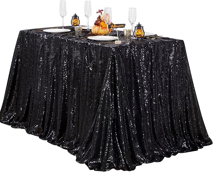 QueenDream Black Sequin Tablecloth 60" x 102" Black Table Cloth Rectangle Glitter Tablecloth for Wedding Birthday Party Ceremony Cake Dessert Table Decorations