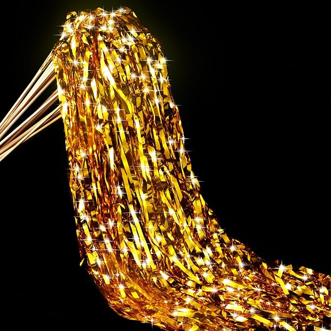 50 Pcs Wedding Fairy Wands with Bells Foil Tinsel Ribbon Stick Wands Tinsel Party Streamers with Bell Glittery Bridal Wedding Send Off Ideas Holiday Celebration (Gold)