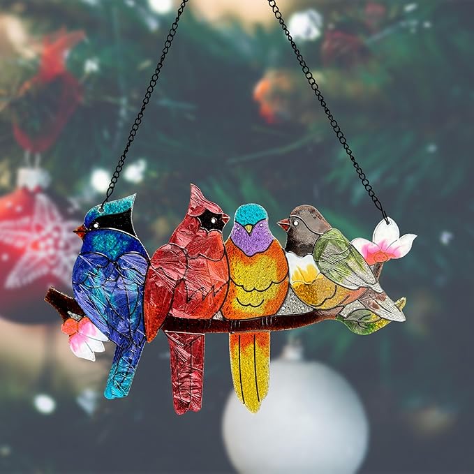 Stained Glass Window Hanging - Large Suncatcher Stained Glass Birds on Branch, Sun Catchers for Indoor Window Doors Room Home Decoration Hummingbird Gifts for Bird Lovers