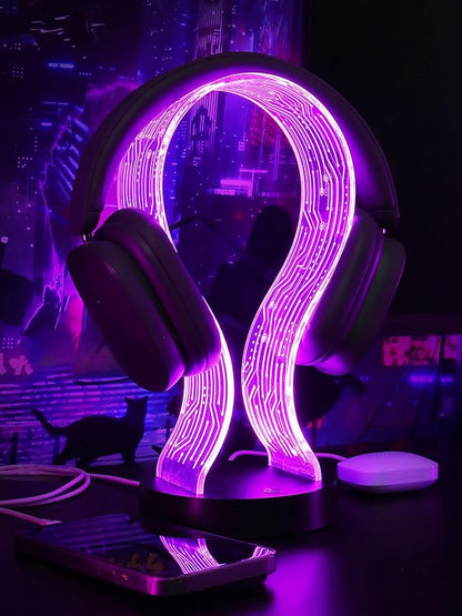 Light Up Headphone Stand with 16 Color Lights, PCB Pattern Acrylic Headset Stand with 1 USB and 1 Type-C Charging Ports, Gifts for Gamers Men and Music Lovers