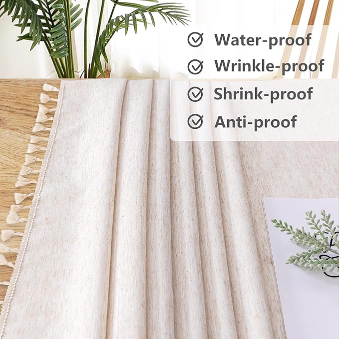 MYSKY HOME Table Cloth 60 in Round Cotton Tablecloth, Heavy Duty Linen Look Waterproof Tablecloths Farmhouse Tablecloth, Soft and Wrinkle Free Table Cover with Beige Tassels for Kitchen Dining, Party