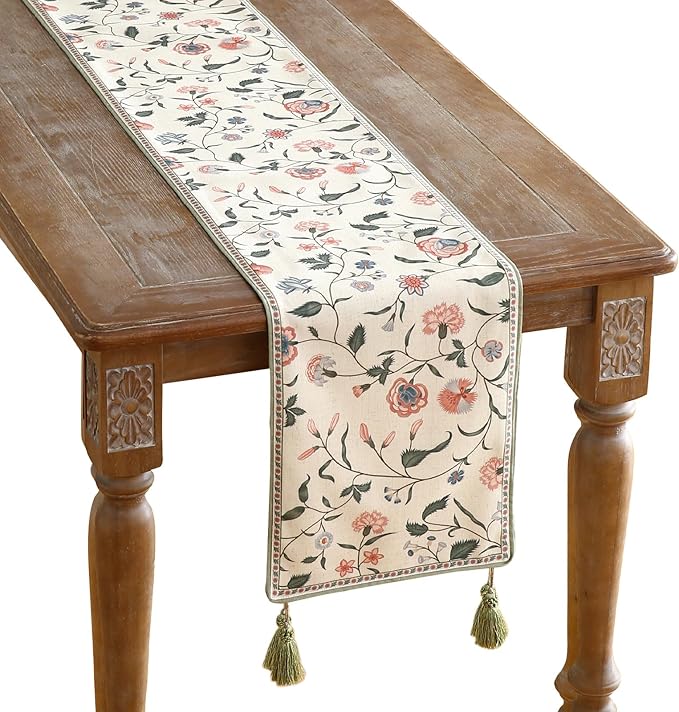 ISAENNE Designer Chinoiserie Elegant Linen Floral Table Runner 87 Inches Long,White Wrinkle Resistant Table Runners for Dining Tables,Thanksgiving,Kitchen Tables,Christmas,12"*87"-Daffy A