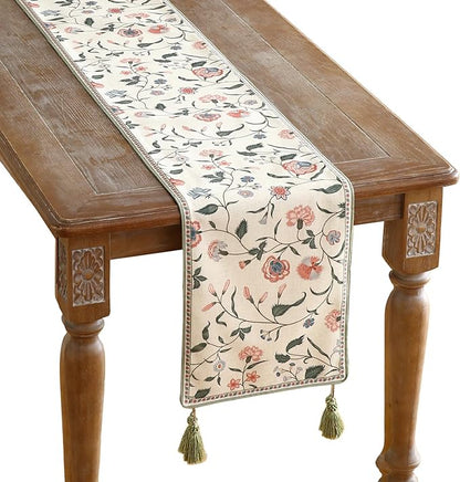 ISAENNE Designer Chinoiserie Elegant Linen Floral Extra Long Table Runner 118 Inches,White Wrinkle Resistant Table Runners for Dining Tables,Thanksgiving,Kitchen Tables,Christmas,12"*118"-Daffy A