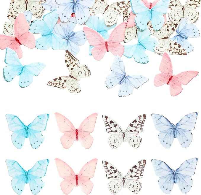 Ephlyn 48Pcs Edible Butterfly Cupcake Toppers Cupcake Picks Edible Butterfly Cupcake Decorations for Theme Baby Shower Kids Birthday Party Cake Supplies Multi