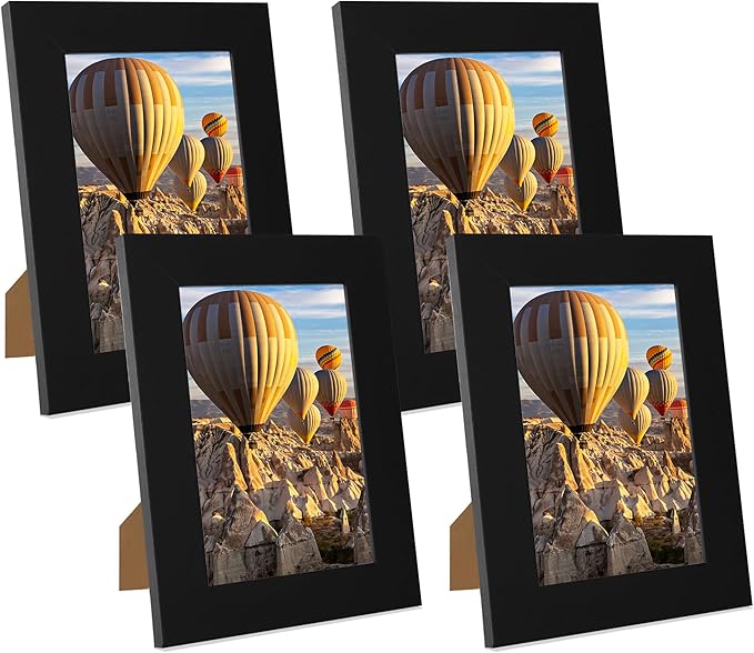 5x7 Picture Frame Set of 4, High Definition Glass Black Picture Frame, 5 x 7 Wood Rustic Photo Frames for Horizontal or Vertical Table Top and Wall Mounting