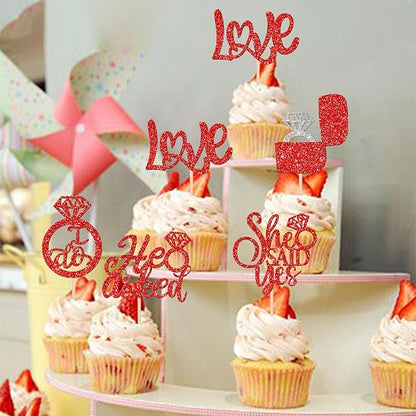 30 PCS He Asked She Said Yes Cupcake Toppers Diamond Ring Cupcake Picks Love I Do Bridal Shower Cupcake Decorations for Wedding Enaggement Theme Party Cake Decorations Supplies Red