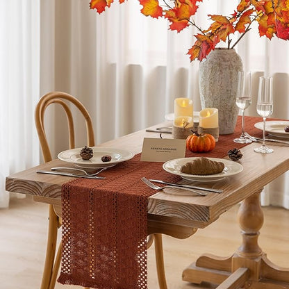 Boho Rust Table Runner for Home Decor 12x72 Inches Farmhouse Macrame Burlap Jute Rustic Dining Kitchen Centerpiece Bohemian Decor French Country Baby Bridal Shower Decorations