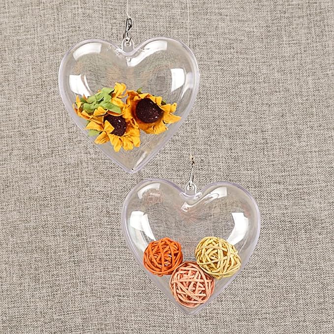 Jishi Clear Plastic Heart Ornaments 10-Pack Christmas Ornament Fillable Balls for DIY Crafts, Christmas Tree Decorations, Wedding Party, Xmas Holiday Home Decor, Open Decorative Hanging Ornaments 65mm