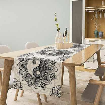 Yin Yang Table Runner, Bohemian Mandala Vintage Black White Traditional Oriental Floral Print Table Runner for Home Kitchen Dining Table Wedding Party Decor, 13x36inch