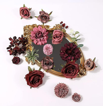 Serra Flora Artificial Flowers Combo Dahlia 25pcs Silk Fake Flowers Roses for DIY Wedding Bouquets Burgundy Centerpieces Arrangements Party Bridal Baby Shower Home Decorations(Burgundy)