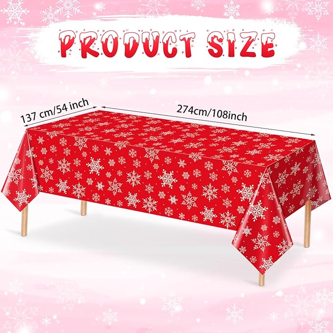 Jectivs 3 Pieces Christmas Snowflake Plastic Party Tablecloth Decorations,White Snowflake Red Xmas Backdrop Sign Table Cover Banner for Winter Christmas Holiday Party Supplies,54x108 inch (Red)