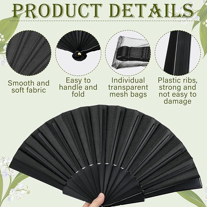 Wenqik 120 Pcs Wedding Folding Hand Fans Bulk Silk Fabric Chinese Handheld Foldable Clack Fans with Plastic Ribs for Party, Wedding Gifts, Line Dancing, Home Decorative (Black)