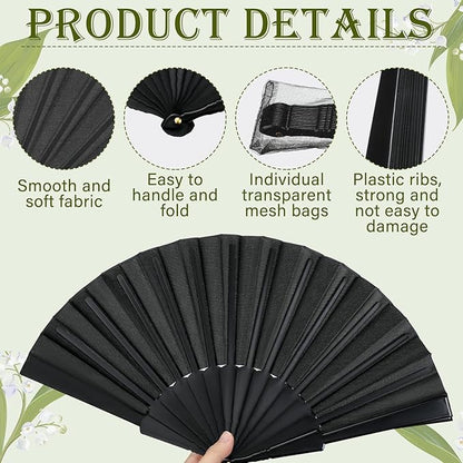 Wenqik 120 Pcs Wedding Folding Hand Fans Bulk Silk Fabric Chinese Handheld Foldable Clack Fans with Plastic Ribs for Party, Wedding Gifts, Line Dancing, Home Decorative (Black)