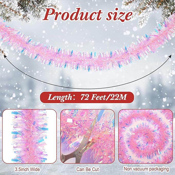 72 Feet Christmas Tinsel Garland Shiny Metallic Tinsel Twist Garland Streamers Ornaments Long Glitter Christmas Tree Hanging Decorations for Party Holiday Wedding Birthday Tree Wall Rail (Pink)