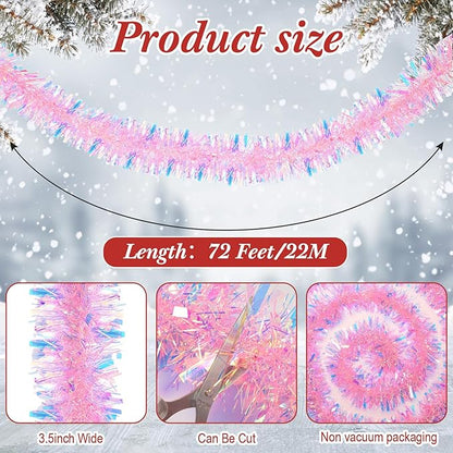 72 Feet Christmas Tinsel Garland Shiny Metallic Tinsel Twist Garland Streamers Ornaments Long Glitter Christmas Tree Hanging Decorations for Party Holiday Wedding Birthday Tree Wall Rail (Pink)