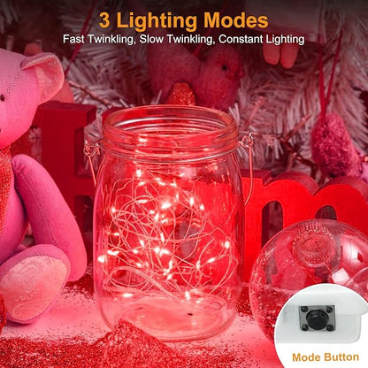 btfarm 12 Pack Fairy Lights Battery Operated [3 Modes], 7ft 20 Led Twinkle Lights String Lights Waterproof Bulk Small Mini Silver Wire for Christmas Mason Jars Wedding Table Centerpiece, Red